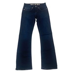 Dickies slim fit low rise flare jeans size 0 regular w27 rise 6.5 l31 dark wash